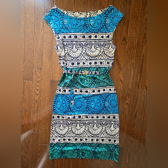 TORY BURCH 100% SILK KNIT Blue Green Patterned Dress Belt Size S - Picture 1 of 5